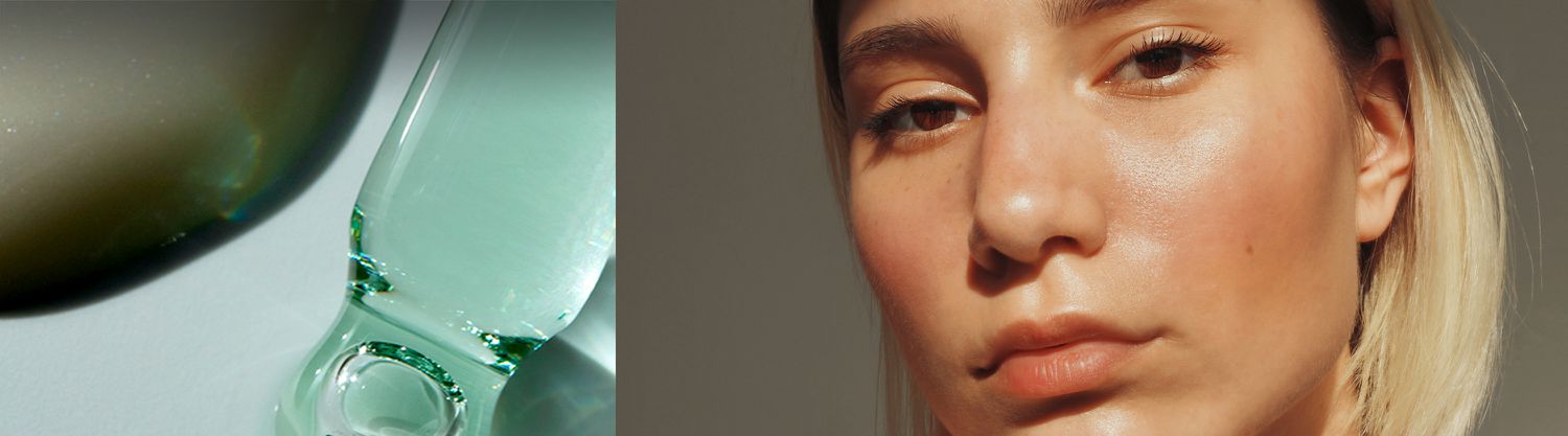 teal glass and model posing serious
