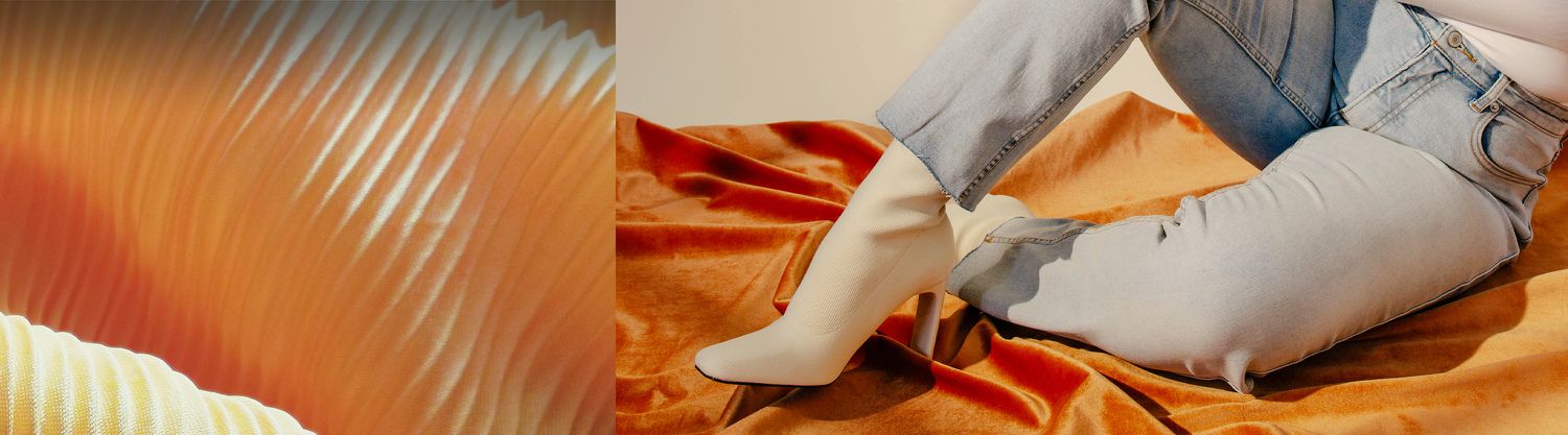 collage of orange sheets folded and model wearing blue jeans and white heels