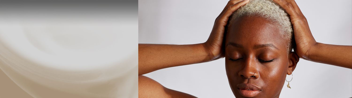 split image of swirling lotion and model holding her hands to her head