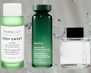 A collage of toners we recommend on a grey and water background